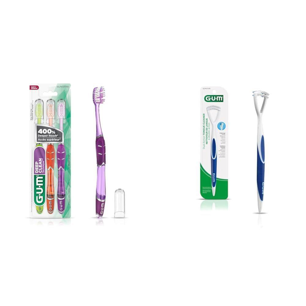 imageBundle of GUM Technique Deep Clean Toothbrush Compact Soft Extra Fine Bristles 3ct GUM Tongue Cleaner Dual Action Soft Bristled Tongue Brush with Tongue Scraper Pack of 1