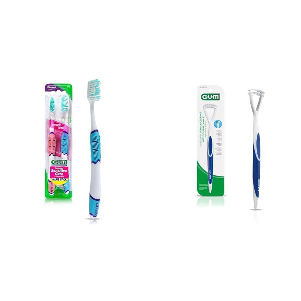 imageBundle of GUM Technique Sensitive Care Toothbrush with QuadGrip Handle Full Head amp Ultra Soft Bristles 2ct GUM Tongue Cleaner Dual Action Soft Bristled Tongue Brush with Tongue Scraper 1ct