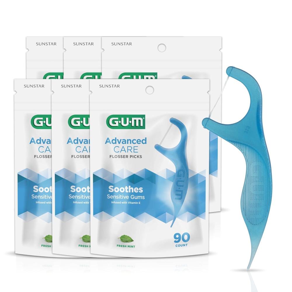imageGUM Advanced Care Floss Picks  Dental Flossers for Adults with Vitamin E and Fluoride  Extra Strong ShredResistant Dental Floss Easy Grip Handle Fresh Mint Flavor 90 ct 6pk540 Flossers