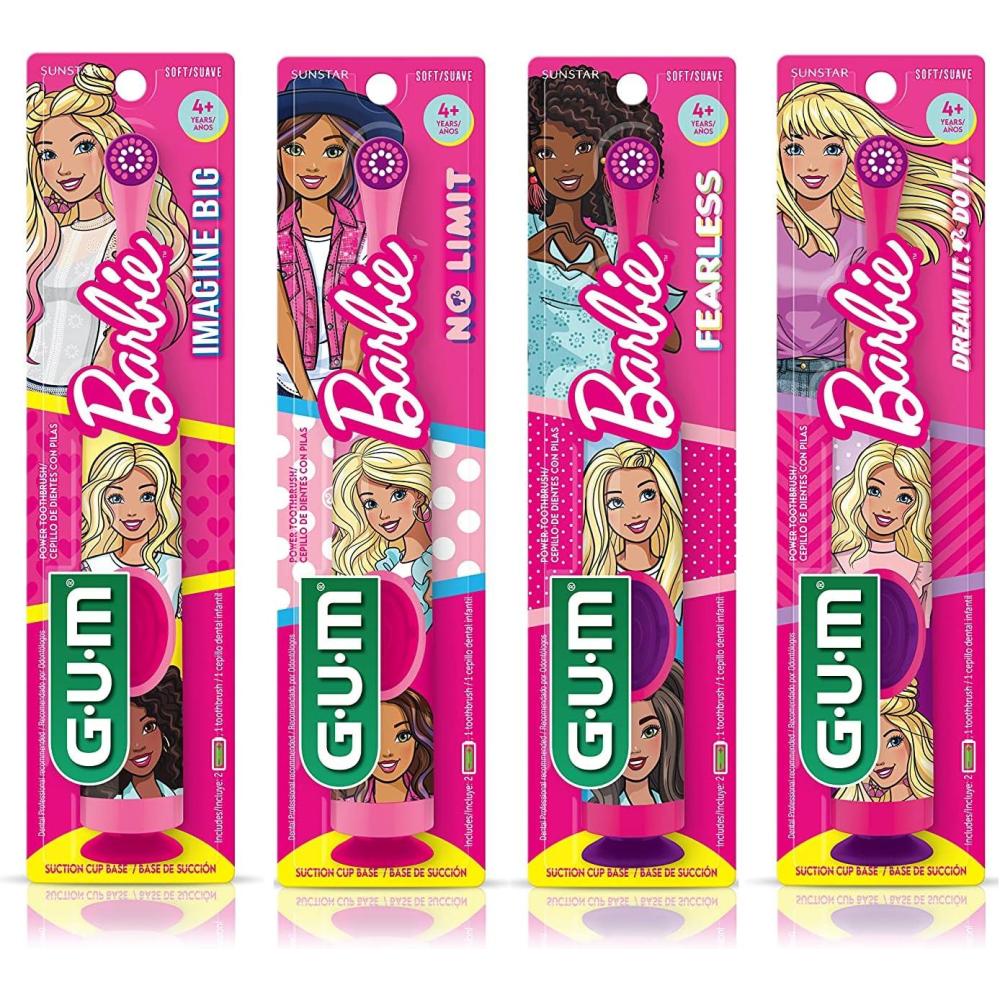 imageGUM Barbie Kids Battery Power Electric Toothbrush with Suction Cup Base for Home or Travel Oral Health and Dental Plaque Removal Ages 3 1ct4Pk1 Count Pack of 4