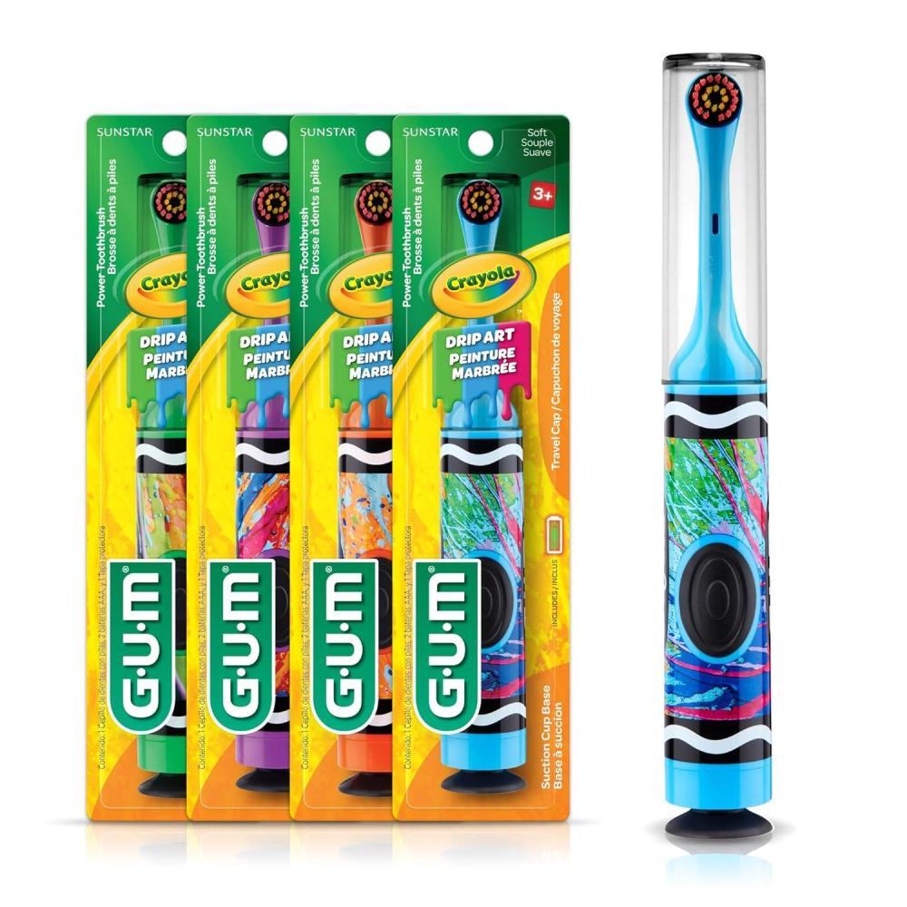 imageGUM Crayola Power Toothbrush for Kids Extra Soft Bristled Toddler Toothbrushes Travel Cap  Su Countion Cup Base Batteries Included 1 Count Pack of 4