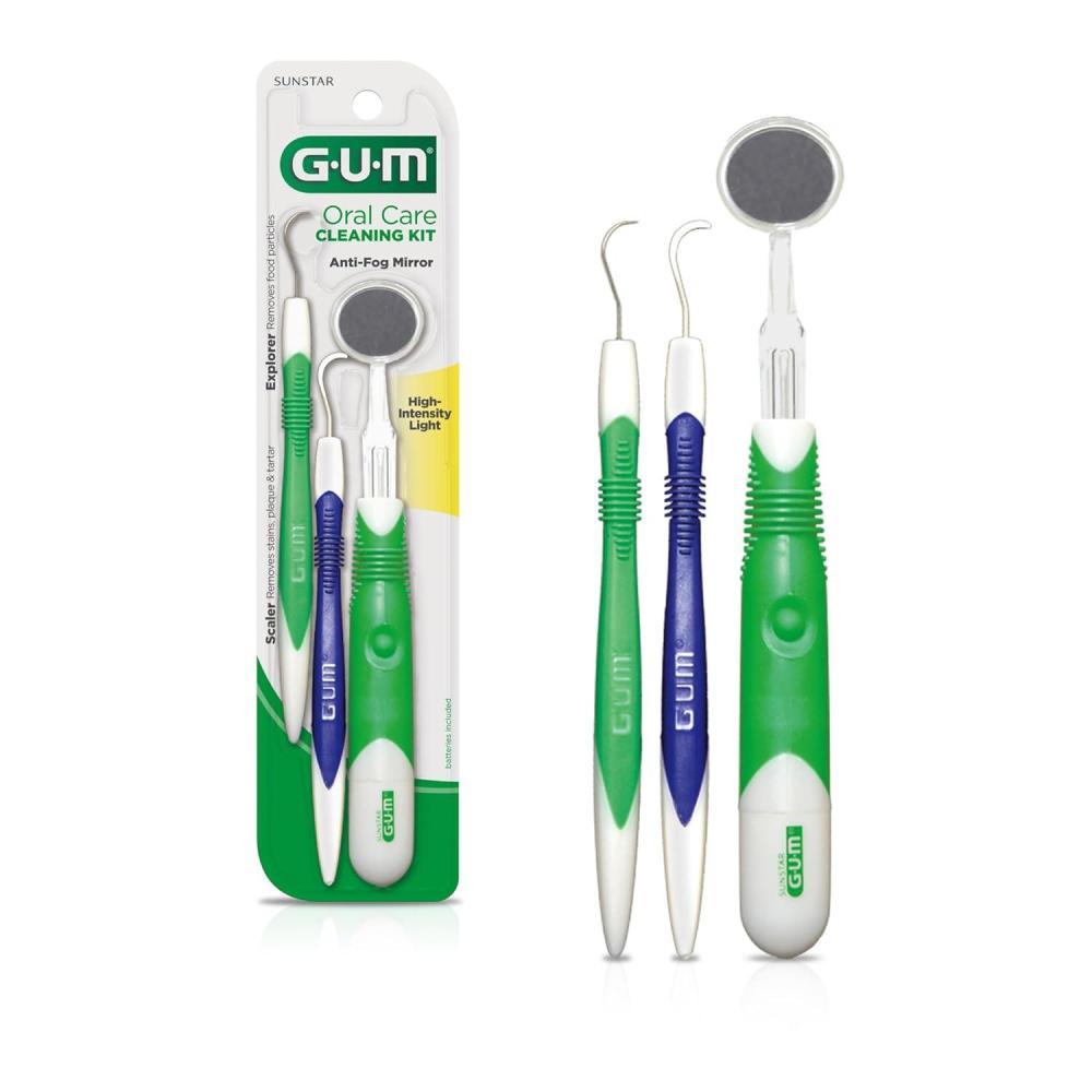 imageGUM Oral Care Dental Cleaning Kit Dental Mirror with Light Explorer Pick and Dental Scaler Professional Quality Stainless Steel Dental Tools EasyGrip Handle Pack of 1