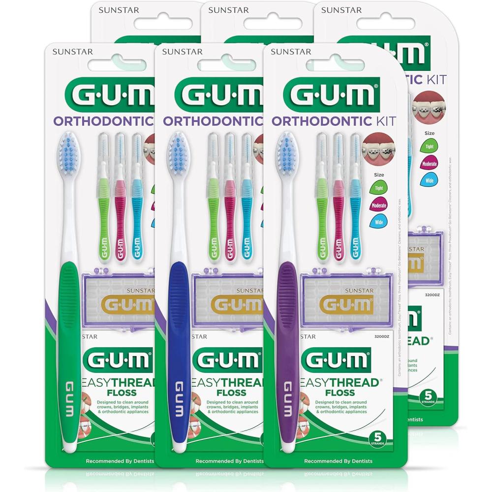 imageGUM Orthodontic Kit  Features Orthodontic Toothbrush 3 Proxabrush Sizes and shredresistant EasyThread Floss and Mint Ortho Wax 6pk