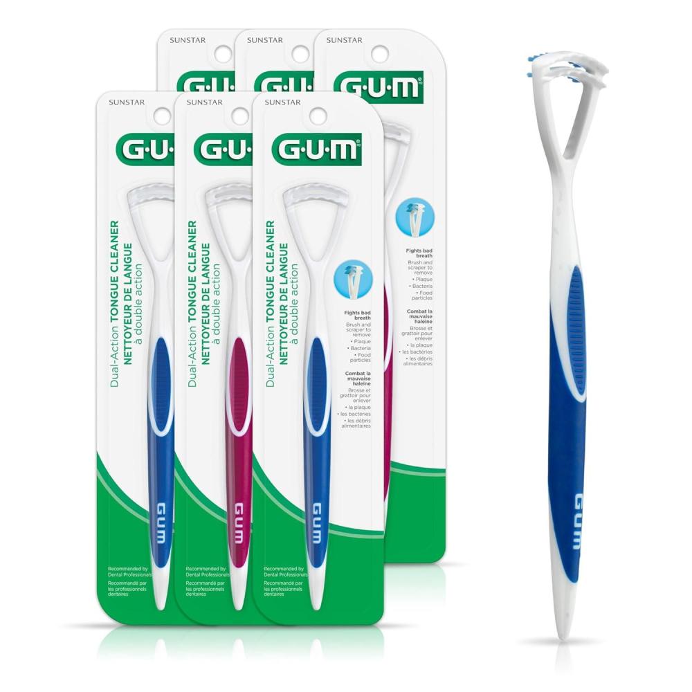 imageGUM Tongue Cleaner Dual Action Soft Bristled Tongue Brush with Tongue Scraper for Better Oral Hygiene Bad Breath Treatment 6pk