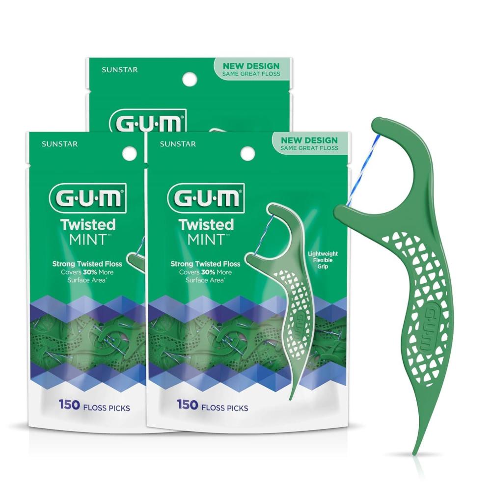 imageGUM Twisted Mint Floss Picks  Twisted Threads ShredResistant Floss Easy Grip Handle 150 Count Pack of 3