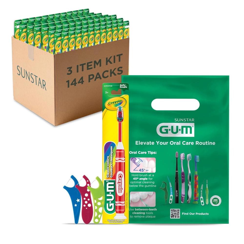 imageGUM Crayola Marker Toothbrush and Crayola Flossers Patient Pack KIT35 Includes Toothbrush Floss Picks and Patient Bags Professional Samples 144 Patient Kits