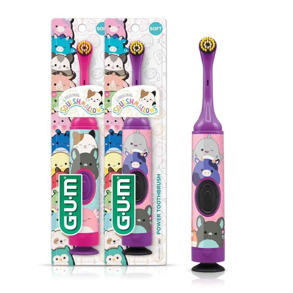 imageGUM Squishmallows Kids Battery Power Toothbrush Soft Bristles with Suction Cup Base Batteries Included 1 Count Pack of 2