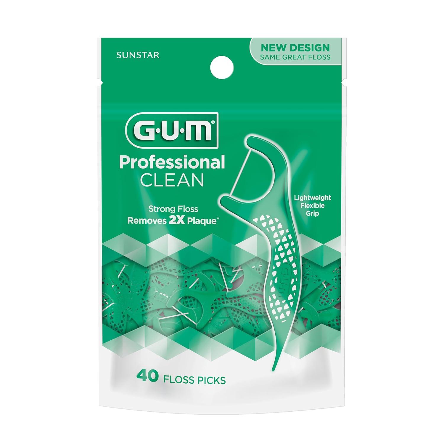 imageGUM Professional Clean Floss Picks Extra Strong ShredResistant Floss Easy Grip Handle Dental Flossers for Adults Fresh Mint Flavor 40 Count