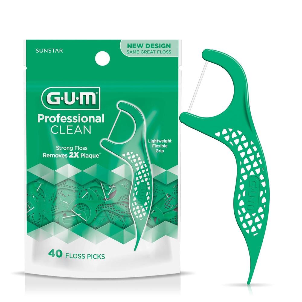 imageGUM Professional Clean Floss Picks Extra Strong ShredResistant Floss Easy Grip Handle Dental Flossers for Adults Fresh Mint Flavor 40 Count