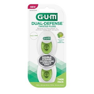 GUM Dual-Defense Twisted Dental Floss – Double Strand Waxed Floss – Green Tea and Mint, 2ct (3pk)