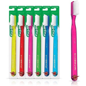 GUM Classic Toothbrush for Adults, Soft Bristles, Compact Head, Includes Rubber Tip Dental Pick, 1 Count (Pack of 6)(Multi)