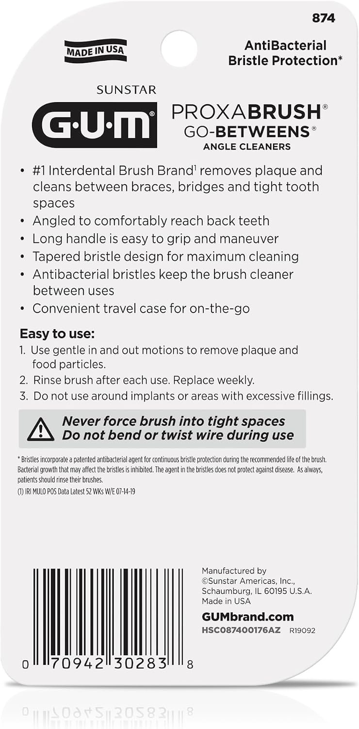 image:imageGUM Proxabrush GoBetweens Angled Interdental Brushes 4 Count 4 Pack Soft bristles for tight spaces Nyloncoated wire Safe for braces and implants Reusable with travel cap 10 days of use4 Count Pack of 1