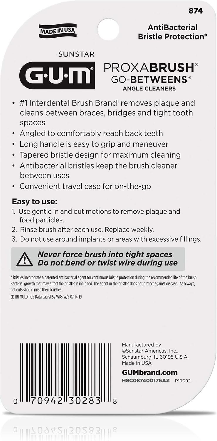 image:imageGUM Proxabrush GoBetweens Angled Interdental Brushes 4 Count 4 Pack Soft bristles for tight spaces Nyloncoated wire Safe for braces and implants Reusable with travel cap 10 days of use4 Count Pack of 1
