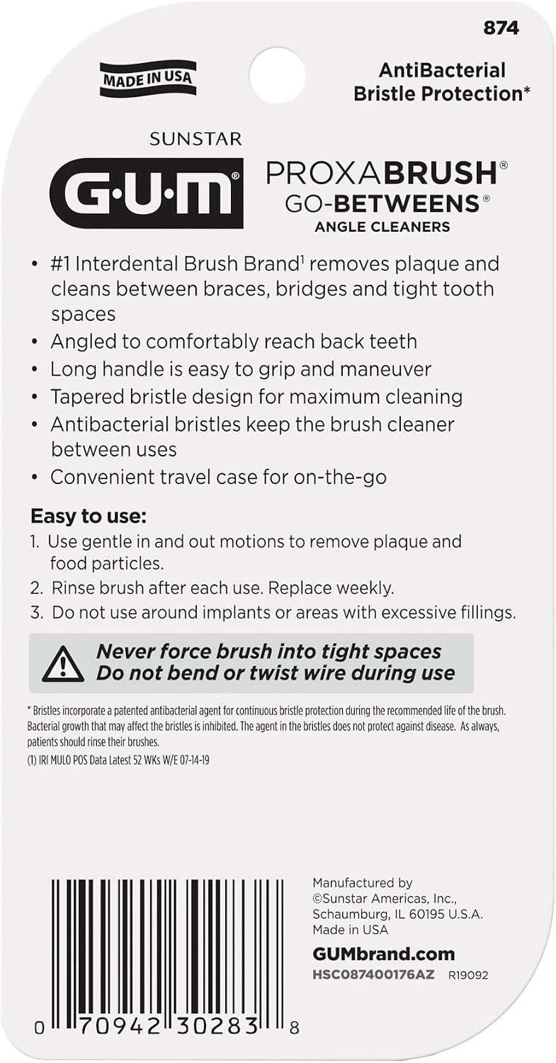 image:imageGUM Proxabrush GoBetweens Angled Interdental Brushes 4 Count 4 Pack Soft bristles for tight spaces Nyloncoated wire Safe for braces and implants Reusable with travel cap 10 days of use4 Count Pack of 4