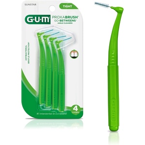GUM Proxabrush Go-Betweens Angled Interdental Brushes, 4 Count (4 Pack) | Soft bristles for tight spaces, Nylon-coated wire, Safe for braces and implants, Reusable with travel cap, 10 days of use(4 Count (Pack of 1))