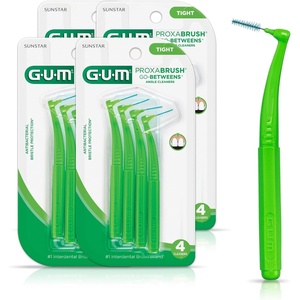 GUM Proxabrush Go-Betweens Angled Interdental Brushes, 4 Count (4 Pack) | Soft bristles for tight spaces, Nylon-coated wire, Safe for braces and implants, Reusable with travel cap, 10 days of use(4 Count (Pack of 4))